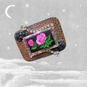 Vintage Reverse Carved Lucite Roses Copper Brooch is Wearable Art Pin